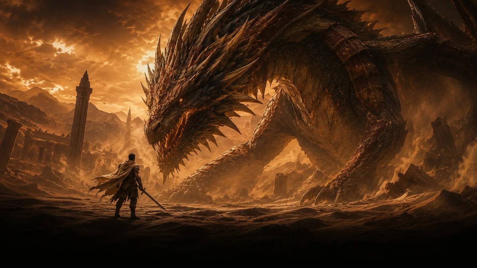 A knight faces a colossal dragon in the dust